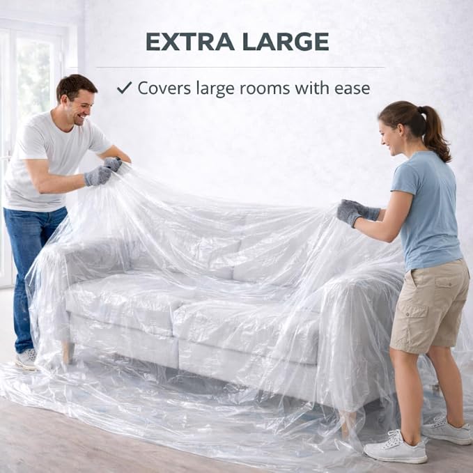 GREEN LIFESTYLE Plastic Drop Cloths for Painting 12 x 9 ft [6 Pack] – Waterproof Paint Drop Cloth, Plastic Sheets Floor Cover, Disposable Tarp for Furniture Protection, Remodeling and Moving