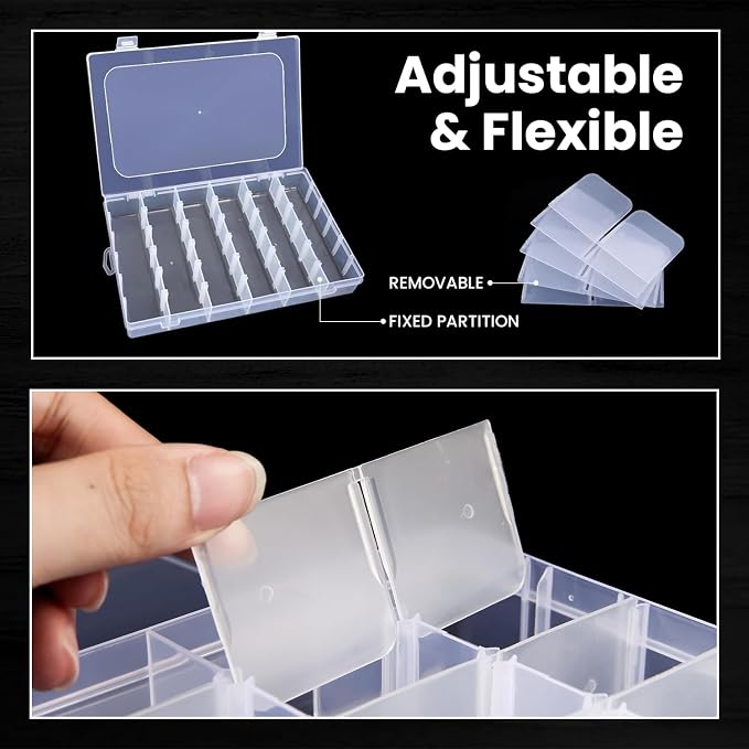 Budreu 8pack 36 Grids Plastic Clear Organizer Box bead Storage Containers with Adjustable Dividers for Craft Jewelry Fishing Tackles Parts Storage with 8 Sheets Label Stickers