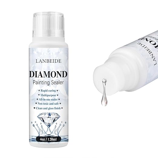 LANBEIDE Diamond Painting Sealer 120ML with Sponge Applicator | Diamond Art Sealer with Permanent Hold & Shine Effect. Built-in sponge tip for easy coverage on paintings and puzzles.