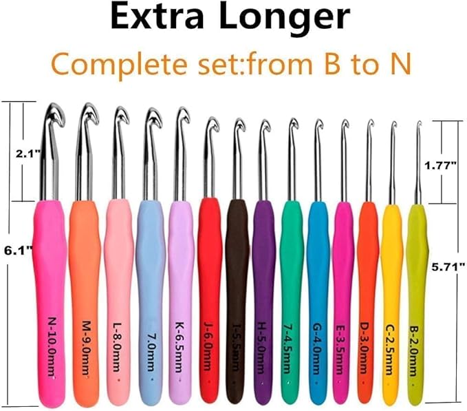 Yarniss Crochet Hooks,14 Size Ergonomic Crochet Hooks Set 2mm(B)-10mm(N)