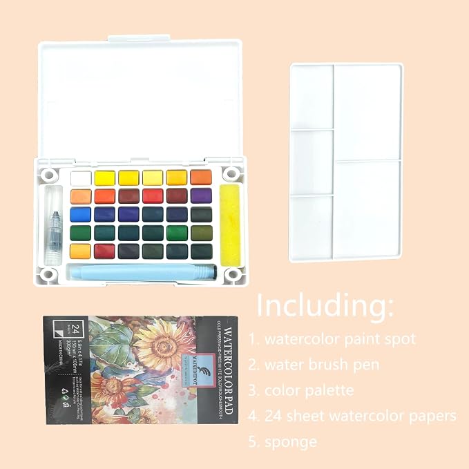 Watercolor Paint Set,Vivid Colors Travel Paint Set Graspable Painting Set Compact Size, Watercolor Kit with Water Brush Pens,24 Sheets Watercolor Papers,3 Online Tutorial Video - 18colors