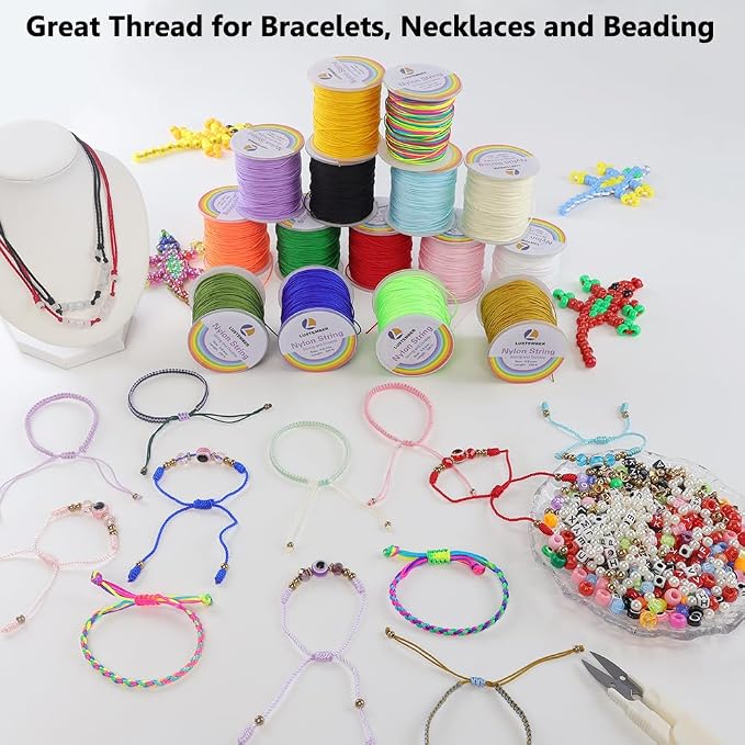 LUSTEMBER 0.8mm Nylon String, Strong Bracelet String, Durable Nylon Cord for Jewelry Making, Bracelets, Beading, Necklaces, Rattail Braiding, Kumihimo, Wind Chimes, Blinds and Handicrafts