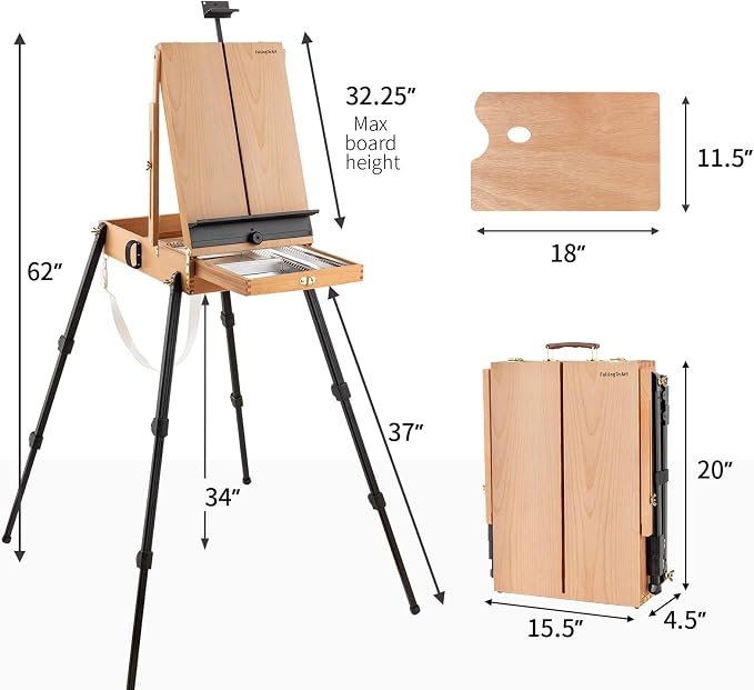 Falling in Art 4 Legs Portable Beechwood French Easel, Natural | Plein Air Easel with Bigger Storage Drawer, Full Size Sketchbox Travel Easel for Painting, Drawing, Artwork