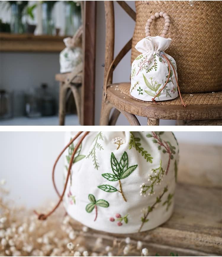 Smart-Feather Embroidery Drawstring Bag Kits with Patterns, Needlepoint Sewing Handbag Kit for Beginners, Embroidery Start Kit with Hoop