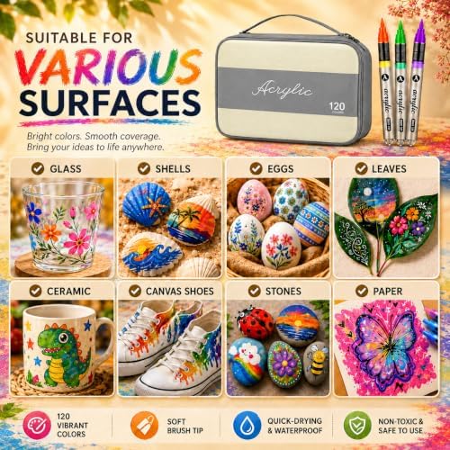 120 Color Acrylic Paint Markers Set – Soft Brush Tip Acrylic Paint Pens and Markers for Artists, DIY Crafts, Canvas, Wood, Glass, Rocks, Fabric and More Creative Projects(GREY)