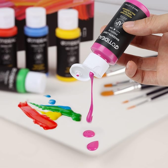 GOTIDEAL Acrylic Paint Set with 10 Brushes, 18 Colors (59ml, 2 oz) | Outdoor/Indoor Art Craft Paint, Non Toxic, for Hobby, Artist, Adults, for Canvas Wood Clay Ceramic Paint Supplies