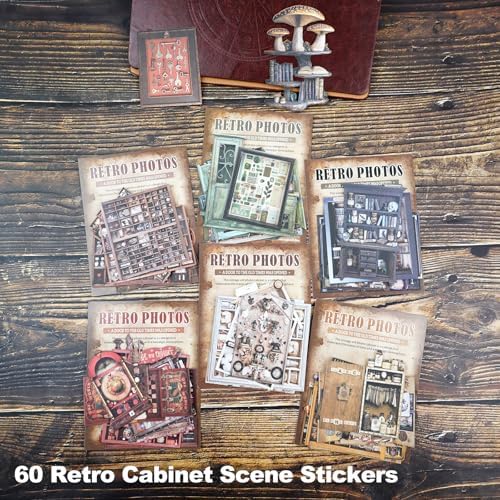60PCS Retro Cabinet Cardstock Stickers Set, Vintage Drawer and Shelf Scene Designs – Peel and Stick Decorative Cards for Scrapbook Journal Junk Journal Collage Albums and Frames