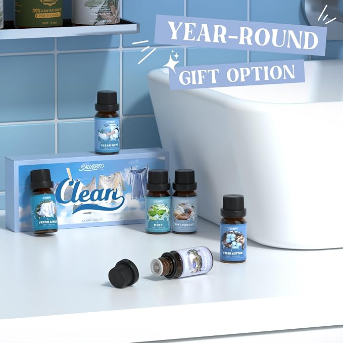 SALUBRITO Clean Diffuser Oils Set, Premium Essential Oils Set for Diffuser, Candle, Soap Making, Fresh Cotton, Clean Home, Fresh Linen, Soft Powder, Blossom Soap, Mint, Fragrance Oil