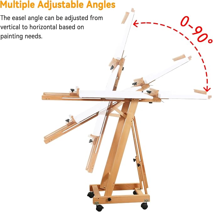 PHOENIX Versatile Studio H-Frame Easel Solid Beech Wood Artist Stand with Locking Caster Wheels- Adjustable Angle & Height – Heavy Duty Large Canvas Holder with Storage Tray for Professional Artists