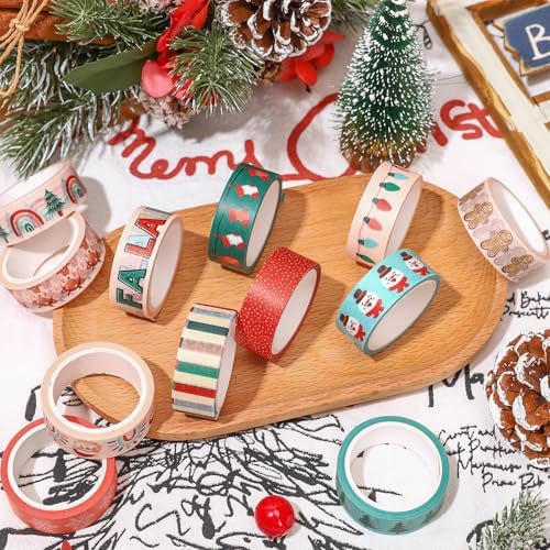 JarThenaAMCS 12 Rolls Christmas Boho Washi Tape Xmas Tree Santa Claus Snowman Colorful Decorative Masking Tape for Winter Scrapbook Journal DIY Art Craft Gift Wrapping