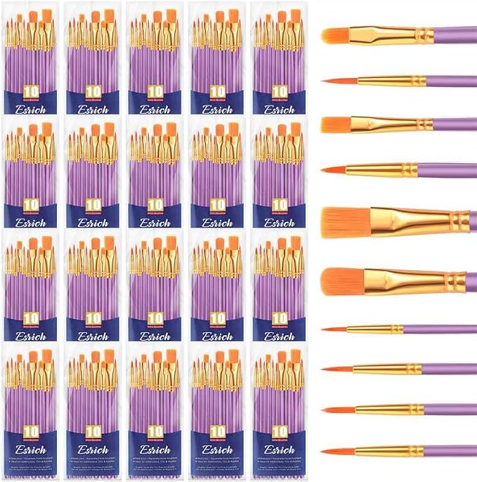 ESRICH 200PCS Paint Brushes, Paint Brush for Acrylic Painting | Artist Paintbrushes for Oil Watercolor, Body Face Rock Canvas, Small Paint Brushes for Kids, Purple