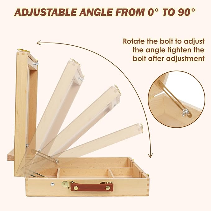 Tabletop Easel for Painting, Adjustable Beechwood Sketchbox, Portable | Features detachable shoulder strap for travel, Large storage box with adjustable angles for adults, artists & beginners