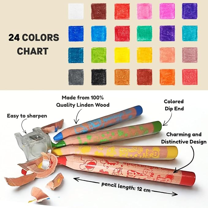 24 Jumbo colored Pencils Toddler ages 3-5, 3-in-1 Wooden Pencil, Crayon & Watercolor Art Set. Break-Resistant 8mm Core, Chunky Easy Grip for Beginner, Preschools, Kids, those with special needs (24)