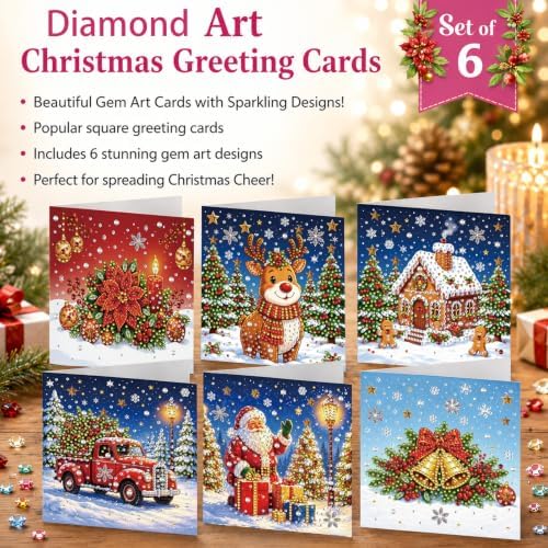 6Pcs Christmas Greeting Card DIY Diamond Art Painting Blessing Folding Card Kit for Adults Beginners with White Envelopes and Tools for Holiday Xmas Arts Crafts Gift-Christmas04