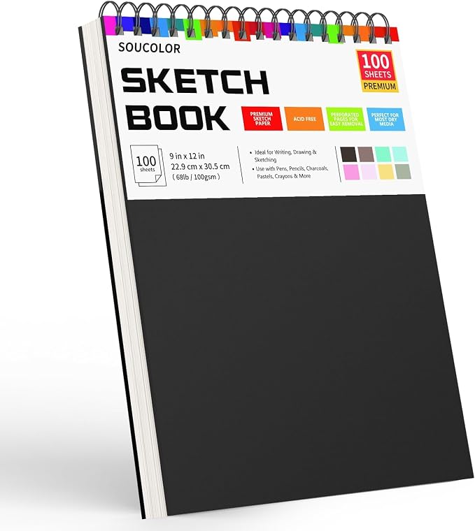 Soucolor 9x12 Hardcover Sketch Book Thick Sketchbook Drawing Paper for Kids | 68lb/100gsm Acid-Free 100 Sheets Spiral Bound,Lay-Flat Sketch Pad with Perforated Pages,Art Supplies for Adults & Teens