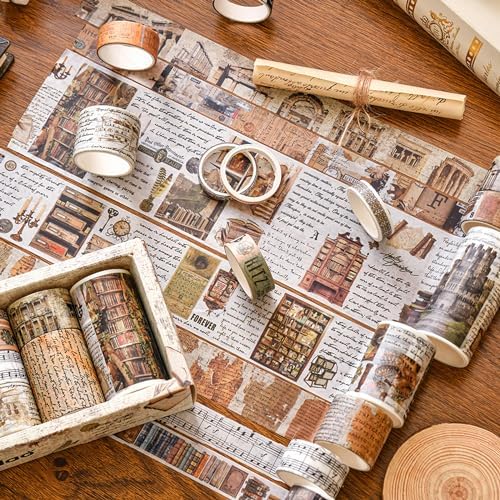 18 Rolls Vintage Washi Tape Pack Retro Arts Adhesive Tapes Wide Monologue Decorative Masking Tape Sets for Craft, Kids, Scrapbook, DIY, Gift Wrapping (Past Events)
