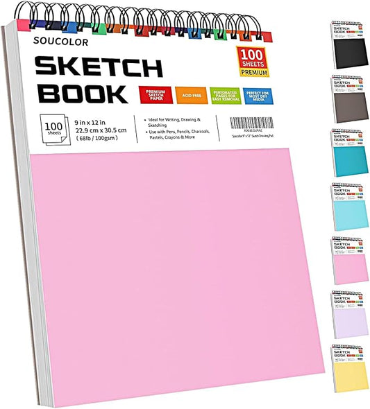 Soucolor Cute Sketch Book 9" x 12" Drawing Paper,Pink Teen Girls Sketchbook | 100 Sheets,68lb Acid-free paper,No Bleed-through,Micro-Perforated,Lay-Flat Top Spiral,Great Gift for Women,School Art