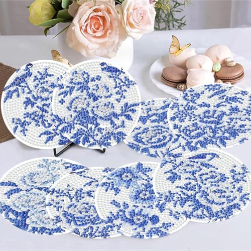 8 Pack Diamond Art Coasters, Blue Flowers Diamond Painting Coasters