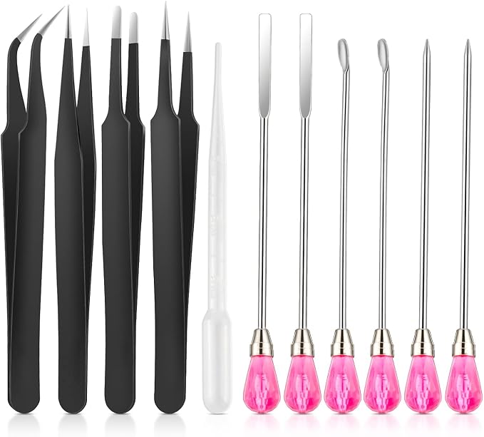 Moocci 11 Pcs Silicone Resin Mold Tools Set, Tweezers Jewelry Making Kit, Stirring Needle Spoon Tool, Anti-Static Stainless Steel ESD Tweezers Precision Set for DIY Epoxy Resin Casting Craft