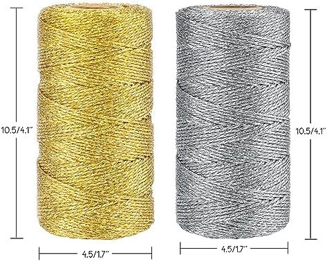 jijAcraft 656 Feet Gold and Silver String Twine - 1.5mm Metallic Ornament Thread Gift Wrapping - Inelastic Macrame Glitter Cord for Gift Wrapping, DIY Crafts, Bracelets