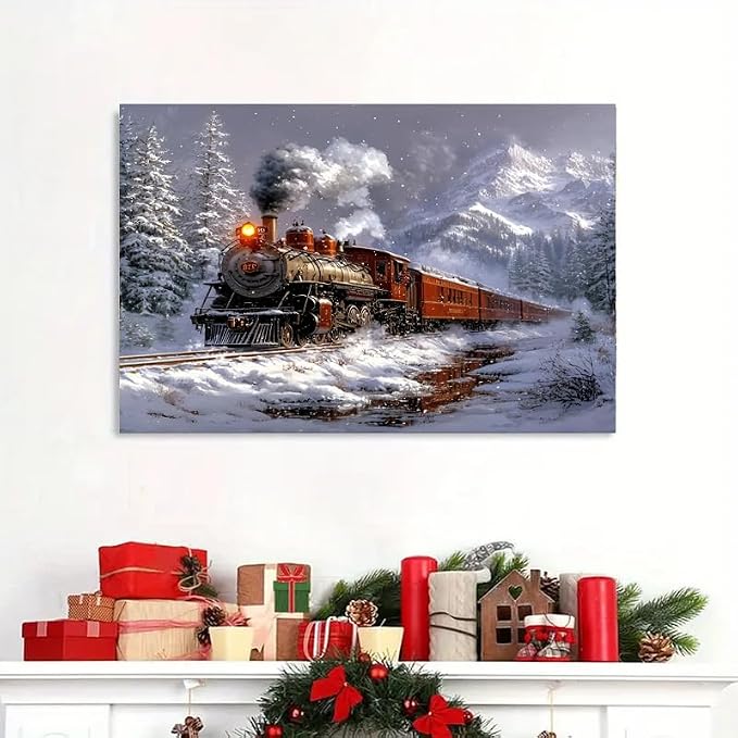 Train Paint by Numbers Kit for Adults,Winter Painting by Numbers,DIY Acrylic Paint Kit for Adults Beginners Without Frame,Easy Christmas Adult Paint by Number Kits on Canvas for Decor 16x20inch