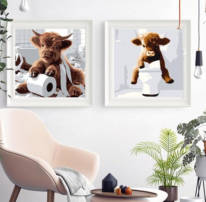 Canrichshop 4 Framed Highland Cow DIY Paint by Numbers Kit for Adults Beginner,Naughty Cow Easy Paint by Number on Canvas with Frame,Acrylic Painting Kit Adult for Decor 8x8inch