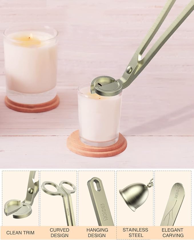 RONXS 3 in 1 Candle Wick Trimmer Set, Snuffer, Dipper, Cutter, Bronze | Candle Care Accessory Kit, Stainless Steel, Trims Wick, Puts out Flame and Dips, Gift Box for Candle Lovers Home Decoration