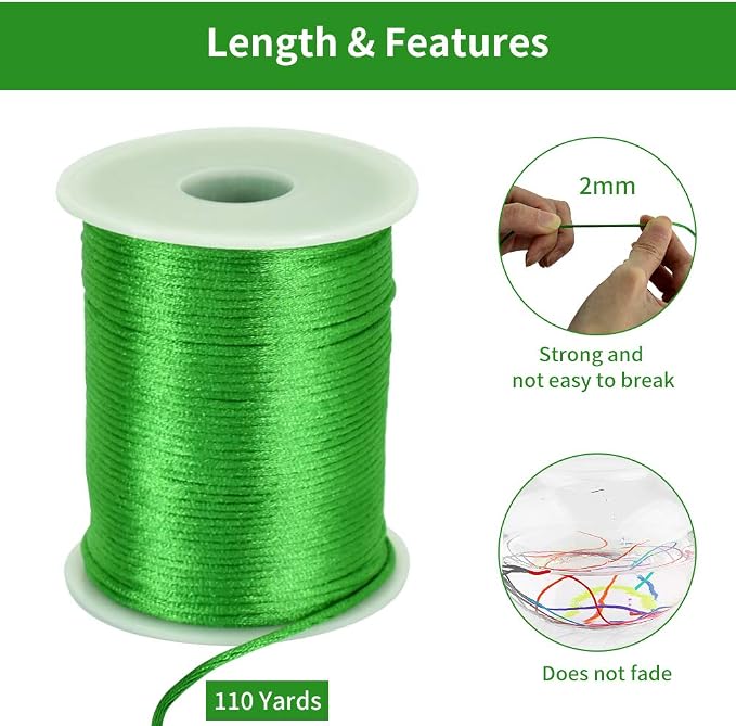 TONIFUL Nylon String Satin Cord for Necklace Bracelet Beading 2mm Green | 110yd Non elastic durable non fading, for Jewelry Making Thread Rattail Macrame Trim Kumihimo Chinese Knot Craft Tags Hanging