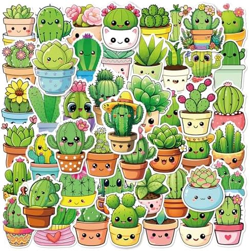 50Pcs Cacti and Succulents Stickers Cute Cactus Stickers Potted Flowers for Water Bottles Laptop Girls Teens Waterproof Bulk Decals,Scrapbook (Colourful-K7)