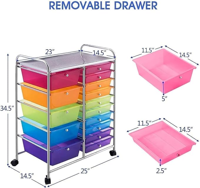 LDAILY 15 Drawer Rolling Storage Cart, Rolling Cart with Drawers for Classroom, Art Supply Craft Organizer on Wheel with Metal Frame & Handles for Home Office School