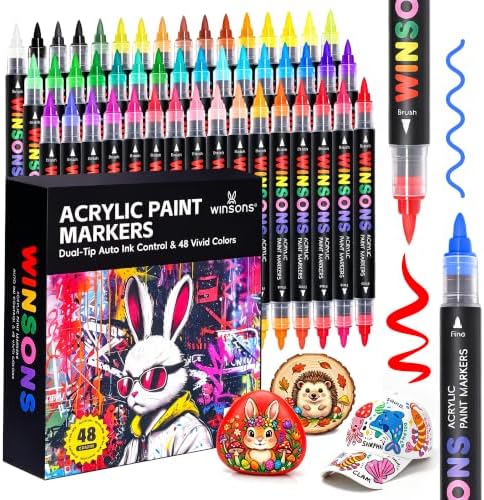WINSONS 48 Colors Acrylic Paint Marker, Auto Ink-Flow Markers for Drawing, Illustration, Manga Coloring, Sketching Coloring Books