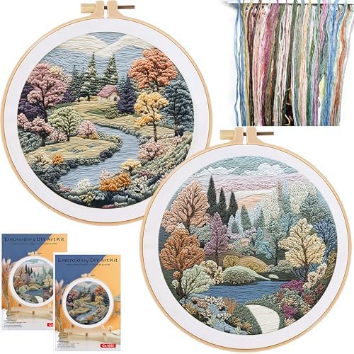 FONNUY 2 Set Embroidery Kit DIY for Adult Beginner, Pre-Stamped Patterns Mountain Sea Embroidery Kits with Hoop, Colored Threads and Needles, Easy to Follow Needlework (Boho Trees)
