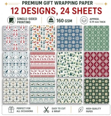 24 Sheets Christmas Scrapbooking Paper Pad - 6inch Patterns Designed Supplies for Valentine Christmas DIY Crafts Cardstock Material Journals Collage Diary Gift Folded Wrapping