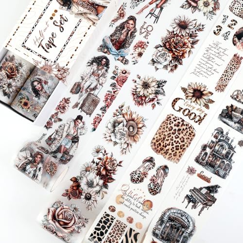 Dizdkizd Washi Tape Set, 4 Pre-Cut Animal Print PET & Washi Tapes Stickers with Diverse Sexy Women, Flowers, Adult Journaling Supplies for Collage Scrapbooks Craft Project