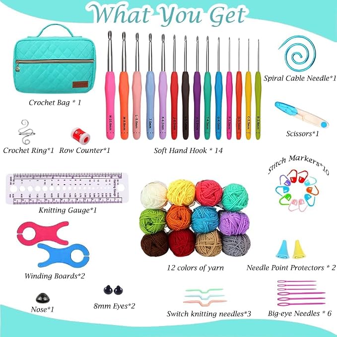 Yarniss Crochet Kit for Beginner,Complete Crochet Kit for Adult,Bright Blue | 14 Size Ergonomic Crochet Hooks & 12 Crochet Yarns Balls & Crochet Bag,Learn to Crochet with Step by Step Video Tutorial