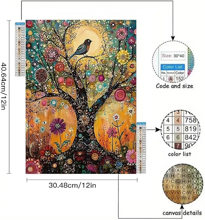 YUXUANKANG Diamond Painting Kit, Bird on Floral Tree, 12x16 Inch, Resin, DIY Craft Activity, Adult