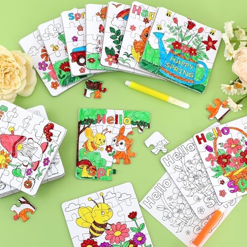 24Pcs Spring Arts and Crafts for Kids & Adults Bulk, Spring DIY Craft Puzzle Kit with Flower Butterfly Bee Bunny, Easter Activities Jigsaw for Classroom Party Favors April Gift Break Projects Supplies