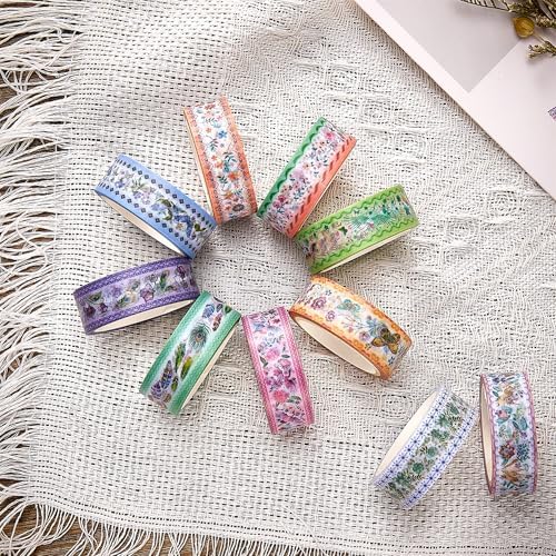 YUBBAEX 10 Rolls Embroidery Pattern Washi Tape Set - Decorative Adhesive Masking Tape for Scrapbooking, Journaling, DIY Crafts, Gift Wrapping – Vintage Floral and Nature Designs