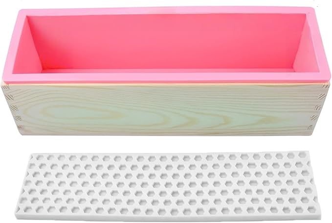 Soap Making Kit, 44oz Silicone Soap Making Liner Wood Box with Beehive & Hexagon & Rose Mat Creative Honeycomb Mat Mold for DIY Soap Making (Purple & Pink) (Pink Mold-Hexagon)