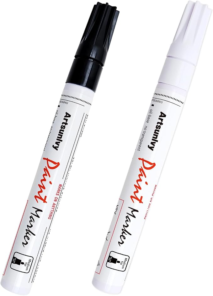 Artsunlvy Permanent Paint Pens Paint Markers - 2 Pack Black & White Oil Based Quick Dry Waterproof Markers For Tire, Rubber,Wood, Rocks, Metal, Canvas