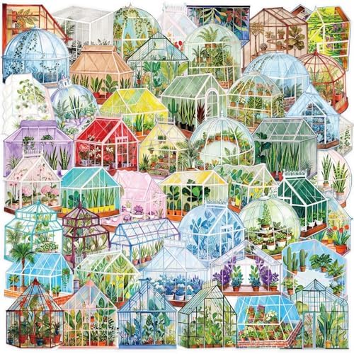 50PCS Transparent Greenhouse Plants Stickers Nature Botanical Floral Aesthetic PET Sticker Waterproof Decorative Decal for Scrapbook DIY Crafts Journal Planner Water Bottles Laptop Phone (Green)