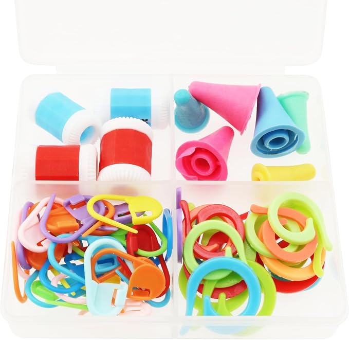 XGNG 1 Box 60PCS DIY Knitting Set Plastic Case Includes a Stitch Counter Needle Caps Commas and Multicolored Markers Needle Tip Protectors for Beginner Knitting Projects