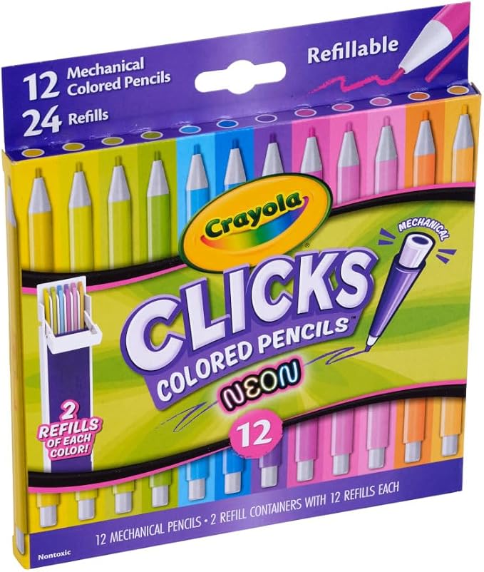 Crayola Clicks 2.0mm Mechanical Colored Pencil Set, 12 Neon Colors, Coloring Pencils for Kids, No Sharpen, 24 Replacement Cores, Ages 5+
