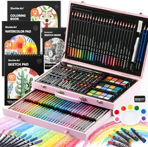 Shuttle Art 149 Piece Deluxe Art Set, Art Supplies in Wooden Case, Painting Drawing Art Kit with Crayons Colored Pencils Oil Pastels Coloring Book Sketch Pad for Kids Adults