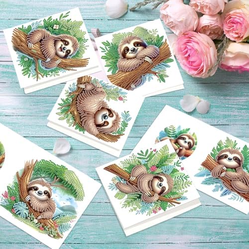 antor 6-Pack Sloth Diamond Art Greeting Cards – DIY 5D Diamond Painting Greeting Card Kits for Adults with Envelopes, Relaxing Rhinestone Card Kit Featuring Cute Hanging Sloths on Tree Branches