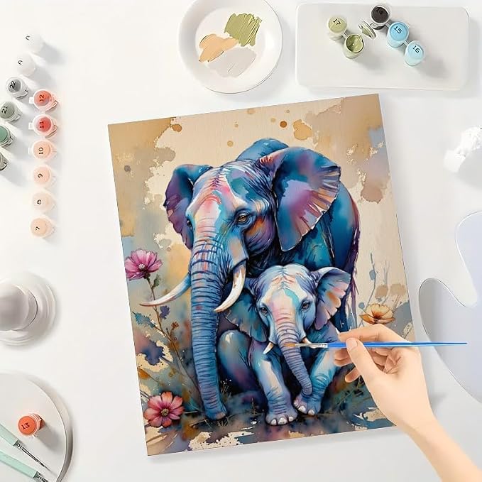 Elephant Family Paint by Numbers Kit for Adults - DIY Mother and Baby Elephant Painting on Canvas, Acrylic Paint Set, Suitable for Beginners, Art for Home Decoration or Gifts(12X16IN Framed)