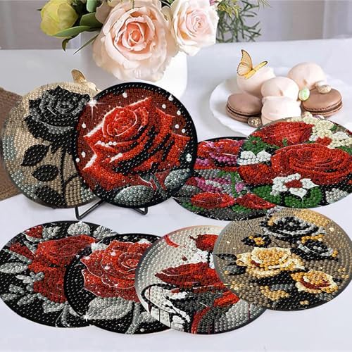 8 Pack Diamond Art Coasters,Rose Flowers Diamond Painting Coasters Kits