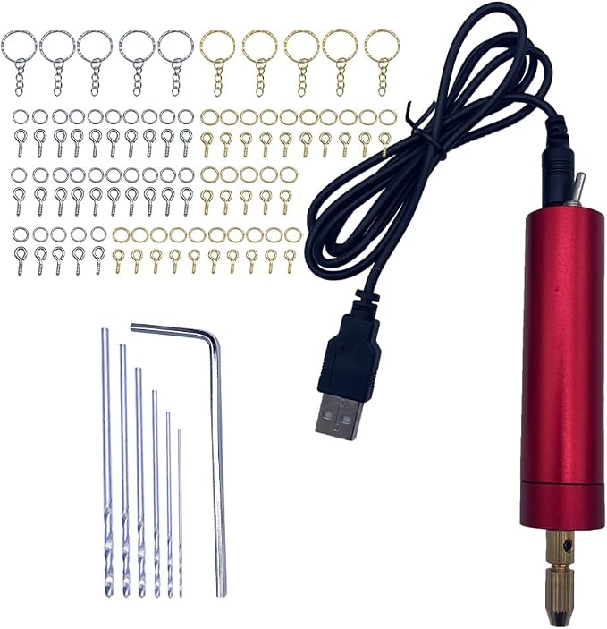 USB Mini Electric Drill Set for Resin Aluminum Rotary Tool with 6 Drill Bits Electrical Handheld Pin Vise Kit for Small DIY Drilling Projects Keychain Crafts Making (Red, Drill Press)
