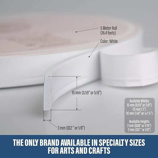 Double Sided Tape for Crafts – 3mm Thick Foam Adhesive Tape for Scrapbooking, Journals & DIY Projects – Strong Double Stick Tape for Card Making, Photos, Paper Projects - 0.59in (1.5cm) X 16.4ft (5m)