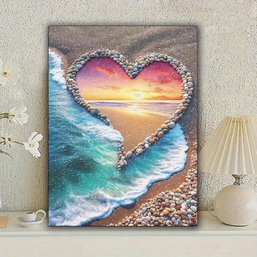 KUFWKEY Beach Diamond Art Kits for Adults, 5D Love Diamond Painting Kits for Beginners, DIY Full Round Drill Paint by Diamonds,Sunset Diamond Mosiac Kits,Diamond Dots,Home Wall Decor 12 x 16 Inch